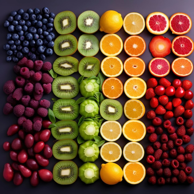 Foto frutas frescas de colores con fondo de arco iris