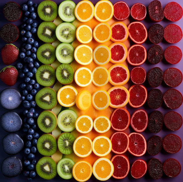 Foto frutas frescas de colores con fondo de arco iris