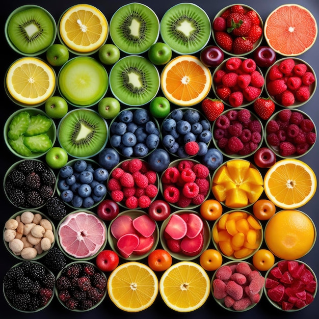 Frutas frescas coloridas com fundo de arco-íris