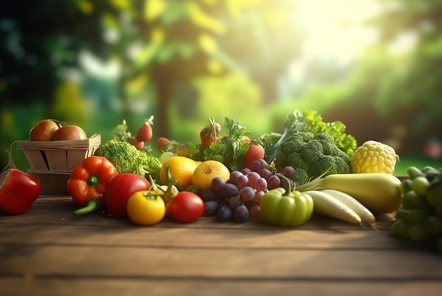 Frutas frescas com legumes frescos na mesa de madeira com fundo desfocado de jardim e luz solar generativa ai