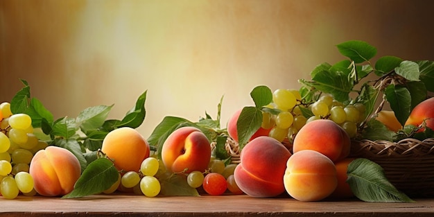 Frutas frescas Comida saudável Frutas mistas, damascos e pêssegos Espaço para texto IA generativa
