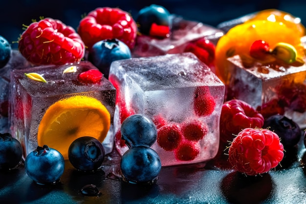 Foto frutas frescas congeladas en cubitos de hielo verano saludable fresco comer ai generativo