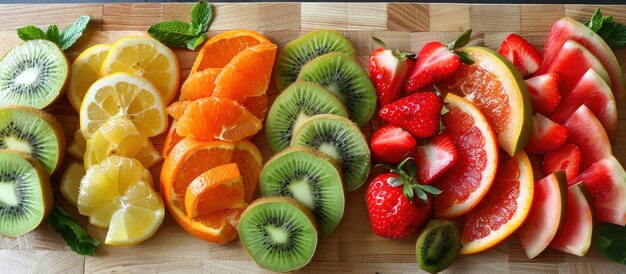 Foto frutas frescas cortadas en la tabla de cortar