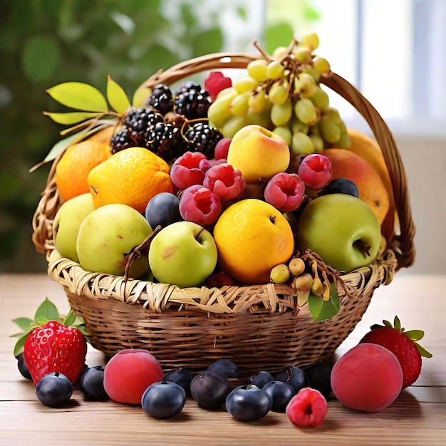 Frutas frescas en el cubo en la mesa de madera