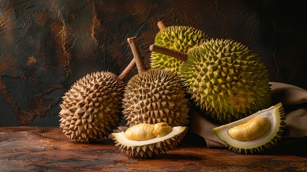 Foto frutas frescas de durian em fundo escuro durian é o rei das frutas