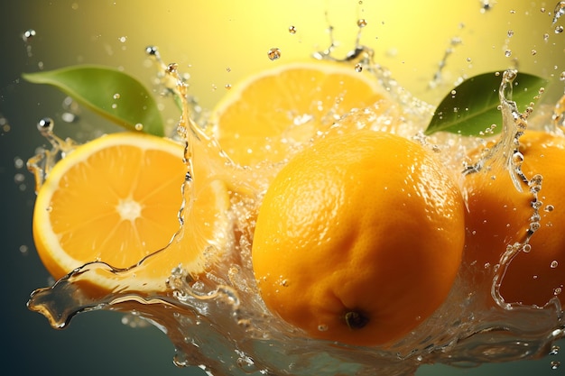 Frutas frescas de laranja caindo na água