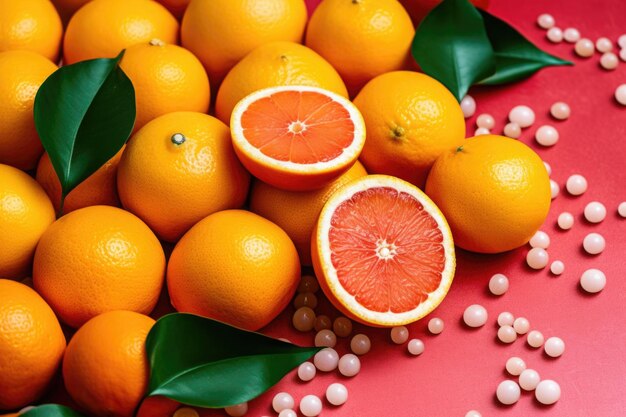 Frutas frescas de laranja com folhas em fundo colorido Generative AI