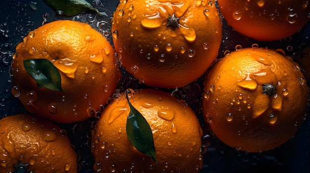 Frutas frescas de laranja com salpicos de água e gotas no fundo preto