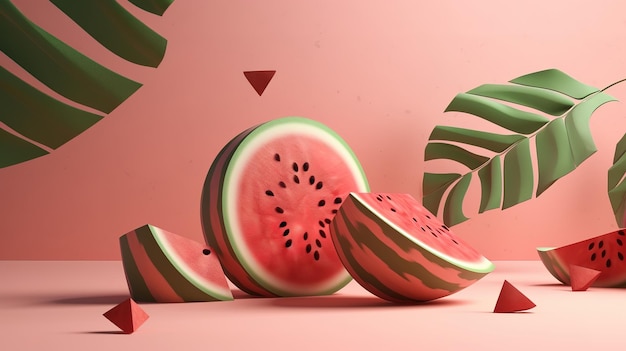 Frutas frescas de melancia em IA generativa de mesa de madeira