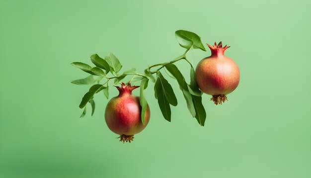 Frutas frescas de romã com folhas isoladas com fundo verde