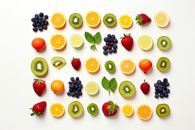 Frutas frescas dispostas em um quadrado em fundo branco