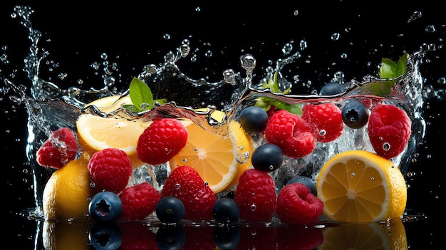 frutas frescas e bagas caindo na água