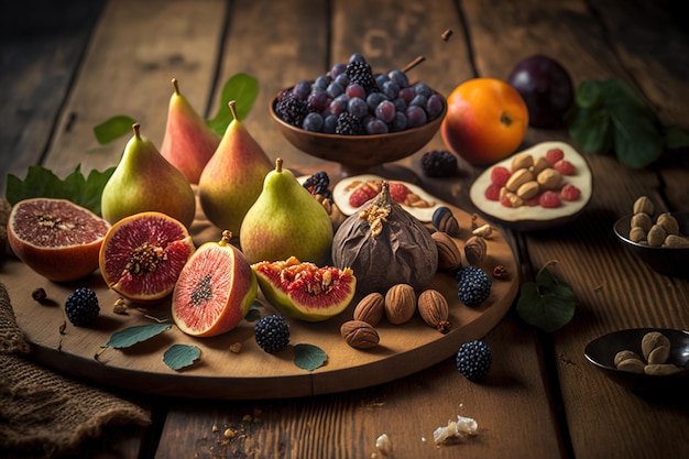 Foto frutas frescas e figos secos em uma mesa de madeira