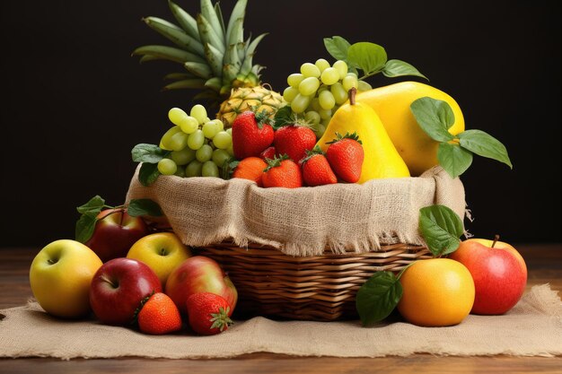 Frutas frescas e saudáveis em cestas de palha Frutas saudáveis frescas na cesta de palha em um fundo escuro Ai gerado