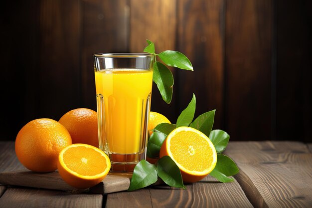 Frutas frescas e suco de laranja na mesa de madeira