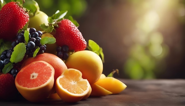 Frutas frescas em mesa de madeira com fundo bokeh em close-up