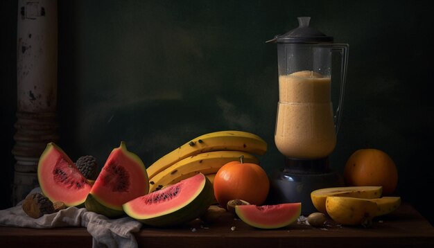 Foto frutas frescas em mesa de madeira saudáveis e deliciosas geradas pela ia