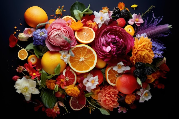 Foto frutas frescas y flores naturales dispuestas sobre un fondo plano negro