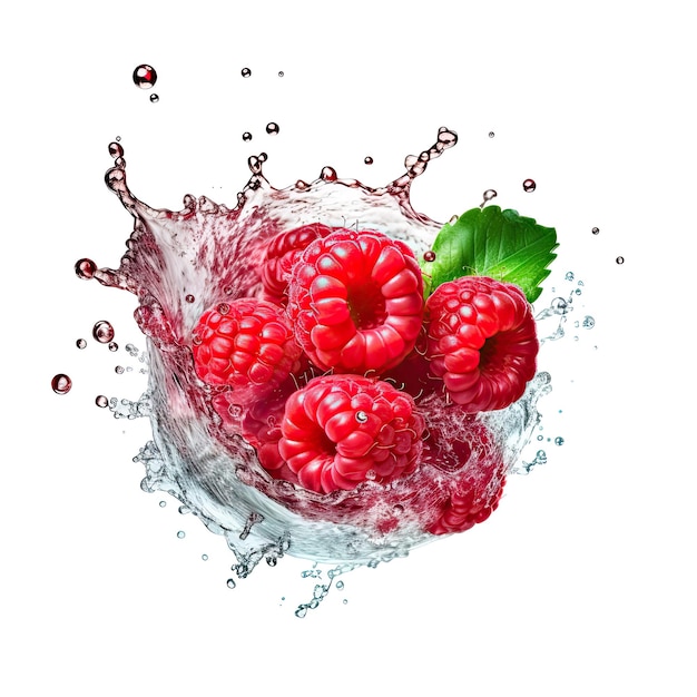 Foto frutas frescas de frambuesas en salpicaduras de agua aisladas sobre un fondo blanco arte generativo de ia