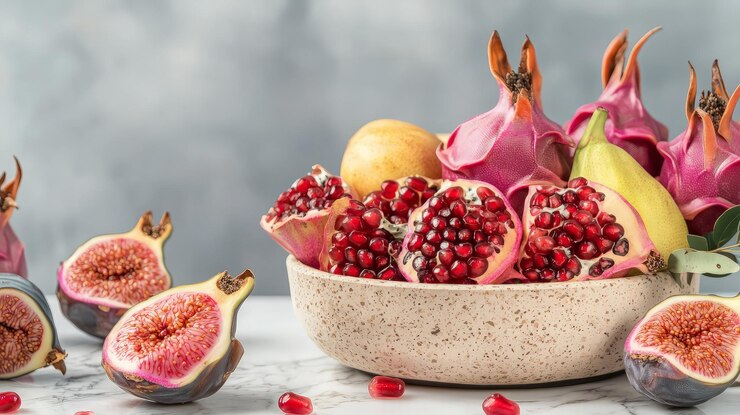 Frutas frescas con granadas higos frutas del dragón y peras en un cuenco