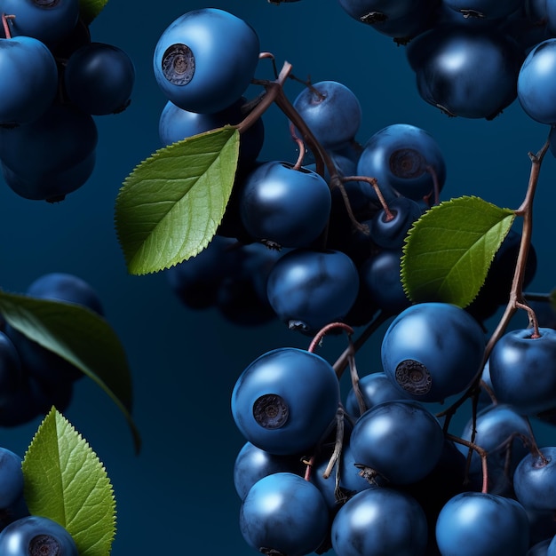 Frutas frescas de huckleberry con un patrón sin costuras sobre un fondo azul que muestra su belleza natural