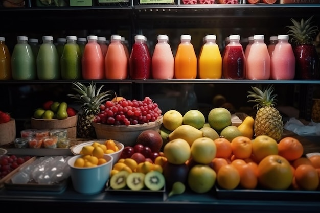 Frutas frescas y jugo recién exprimido de las tiendas de té con leche.