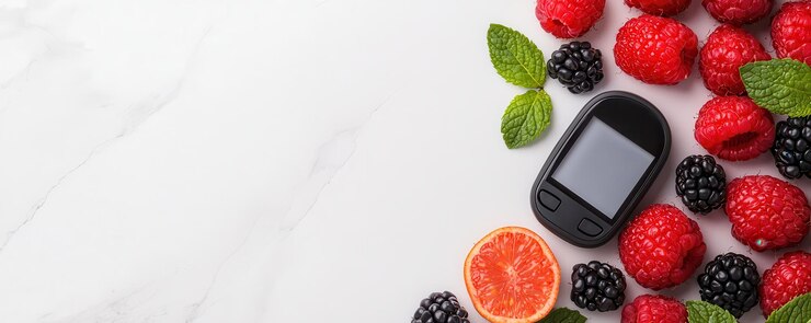 Las frutas frescas y el kit de prueba de azúcar en la sangre están bellamente dispuestos simbolizando la salud y el bienestar Los colores vibrantes de las frambuesas las moras y los cítricos crean una atmósfera animada