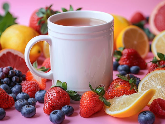 Frutas frescas en una maketa de taza blanca generativa de IA