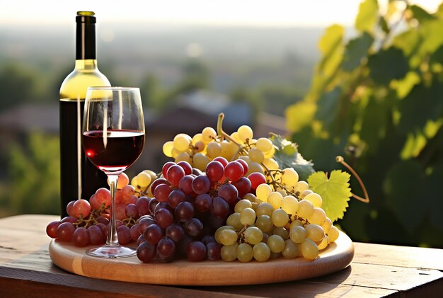 Frutas frescas de mesa generadas por la IA en botellas de vino de viña