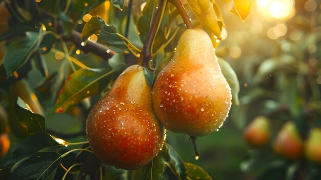 Frutas frescas na árvore Tempo de colheita Agricultura natural e orgânica Brilhando na luz da manhã IA