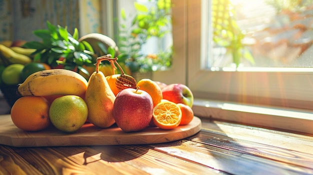 Foto frutas frescas na cozinha numa mesa de madeira