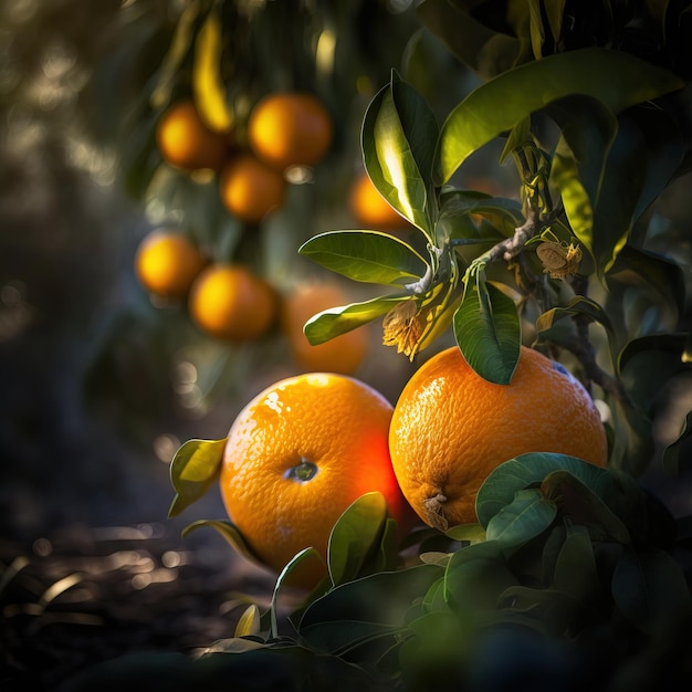 frutas frescas de naranja con hojas IA generativa