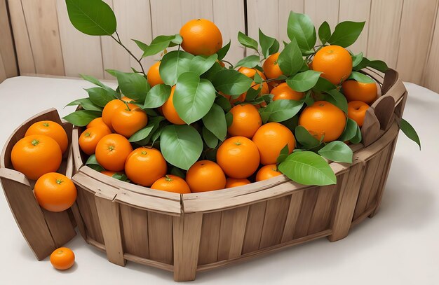 Frutas frescas de naranja o mandarinas maduras en caja de madera sobre fondo blanco