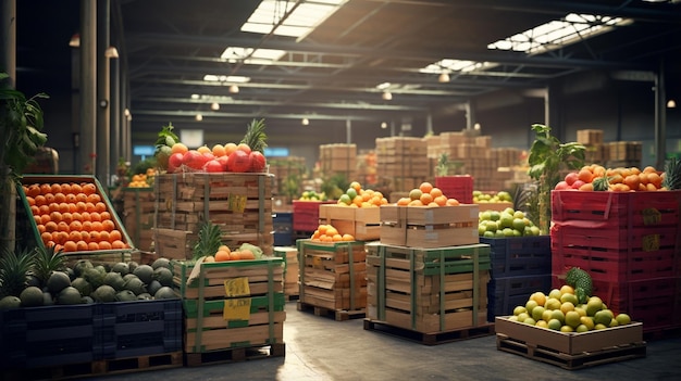 Frutas frescas numa caixa de madeira