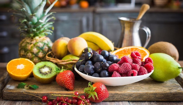 Frutas frescas numa mesa de madeira num estilo rústico Comida saudável