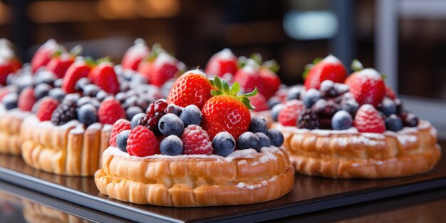 Frutas frescas Pasteles dulces con fresas, arándanos y frambuesas IA generativa