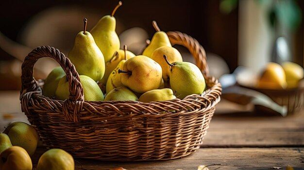 Frutas frescas de pera en la cesta de bambú con fondo borroso