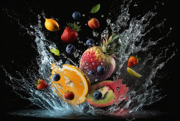 Frutas frescas con salpicaduras de agua aisladas sobre fondo negro ai generativo