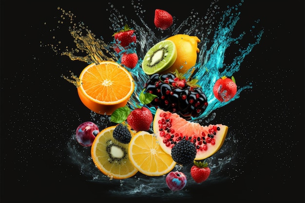 Frutas frescas con salpicaduras de agua sobre fondo negro