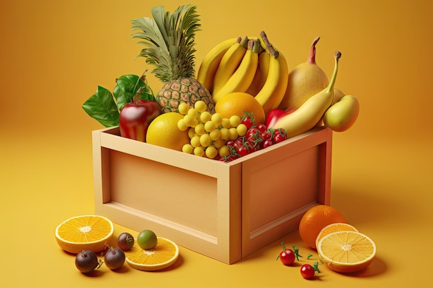 Frutas frescas y saludables en caja sobre fondo oscuro