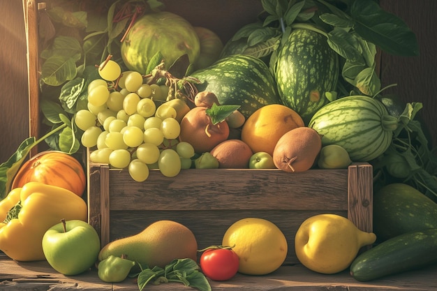Frutas frescas y saludables en cajas de madera blancas en la mesa