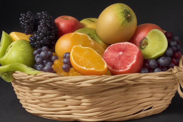 frutas frescas y saludables en canasta de paja aisladas en pantalla negra