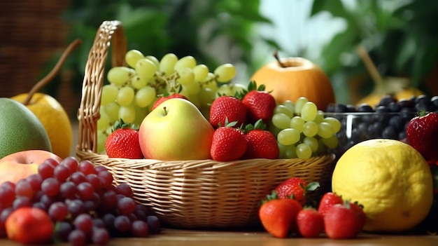 Frutas frescas y saludables en canasta de paja.
