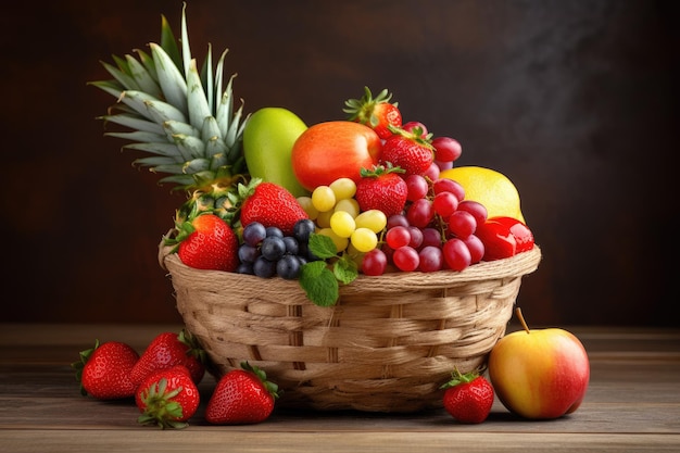 Frutas frescas y saludables en cestas de paja Frutas saludables frescas en la canasta de paja sobre un fondo oscuro