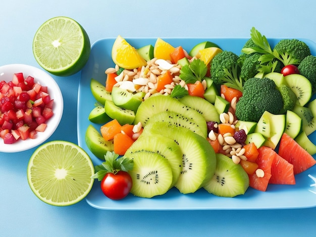 Frutas frescas saludables, verduras, ensalada y semillas