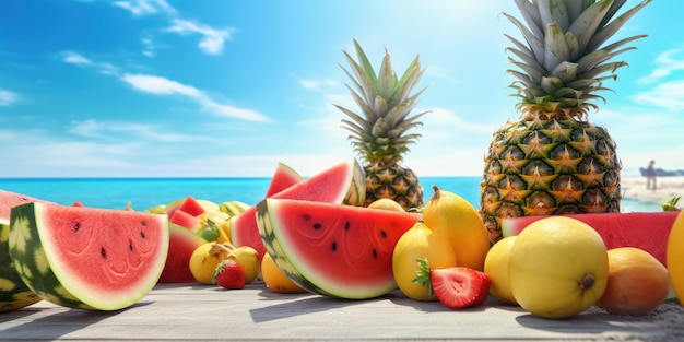 Foto frutas frescas sandía y piña en la playa tropical fondo de cielo azul ai generativa