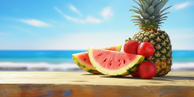 Frutas frescas sandía y piña en la playa tropical fondo de cielo azul AI generativa