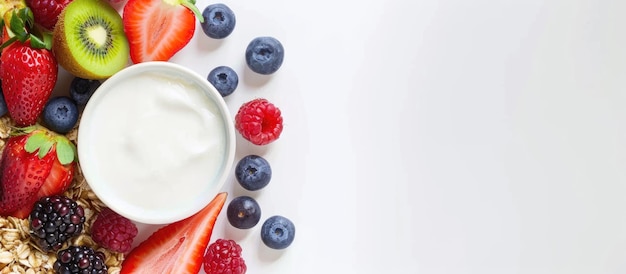 Foto frutas frescas servidas com leite de muesli e iogurte, juntamente com um espaço em branco para escrever