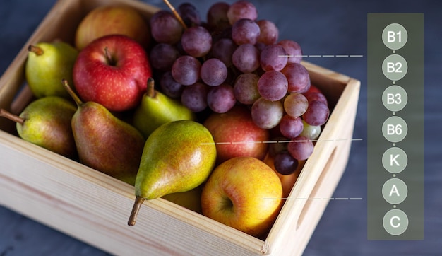 Frutas frescas variadas en una caja de madera peras manzanas uvas closeup Gologram vitaminas tabla de propiedades