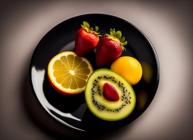Frutas frescas variadas em um prato Kiwi Laranja Morango e Fatias de Limão Ai Gerado Obra de Arte